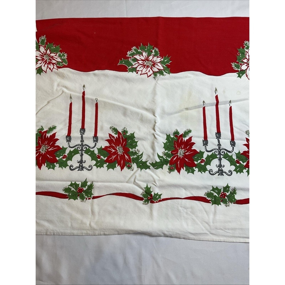 Vintage 100% Cotton Christmas Tablecloth Poinsettia Holly 50 X 60 Retro‎ Holiday